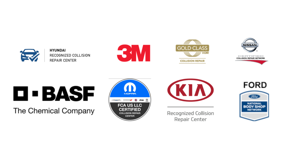 Automotive certification logos including Hyundai, 3M, Gold Class, Nissan, BASF, FCA, KIA, and Ford