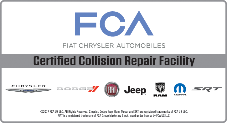 FCA Fiat Chrysler Automobiles Certified Collision Repair Facility badge